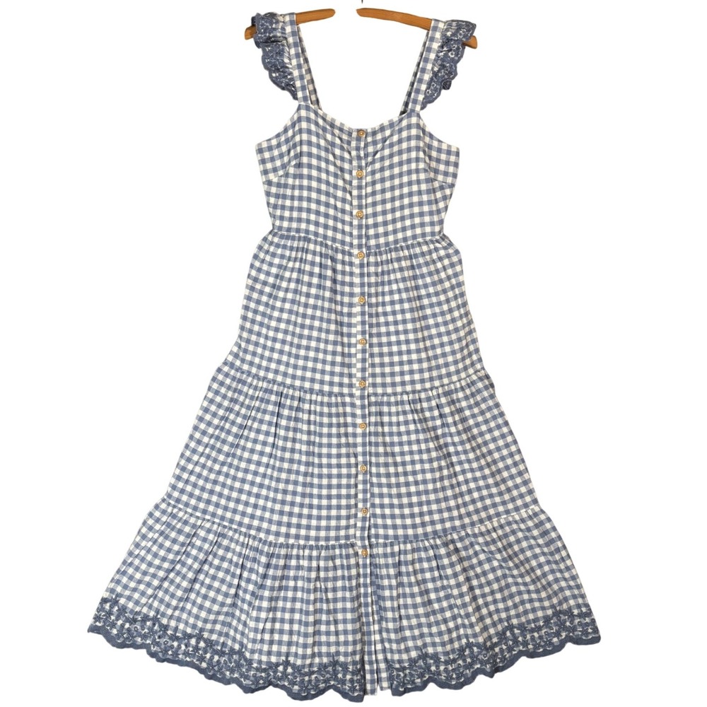 Shabby‎ Chic Blue Gingham Tiered Midi Dress Ruffle Eyelet Button Front 4 Cottage